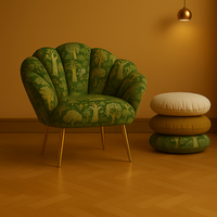 Thumbnail for Green patterned armchair with matching ottoman against a warm brown wall.