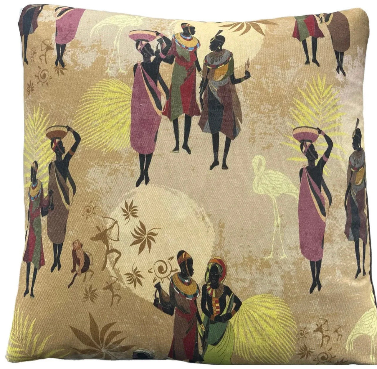 Decorative cushion cover with African tribal women print in earthy tones, featuring Kayayei figures on oatmeal background with yellow and green accents.
