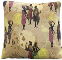 Thumbnail for Decorative cushion cover with African tribal women print in earthy tones, featuring Kayayei figures on oatmeal background with yellow and green accents.