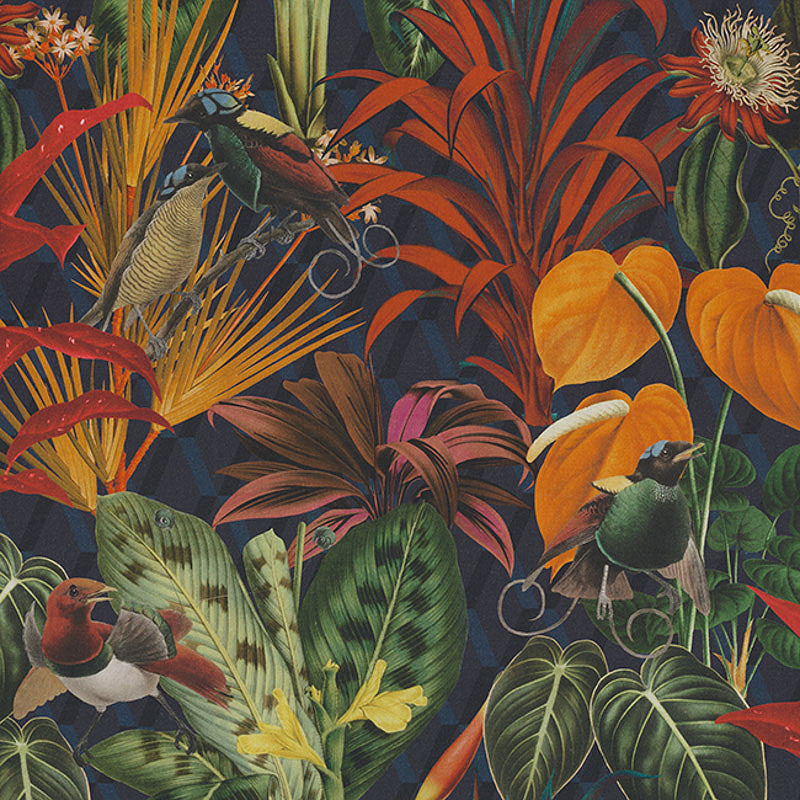 Deep Jungle cotton fabric with Anthurium and Calathea leaves