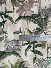 Thumbnail for Exotic bird fabric with palm trees and hand-drawn buildings