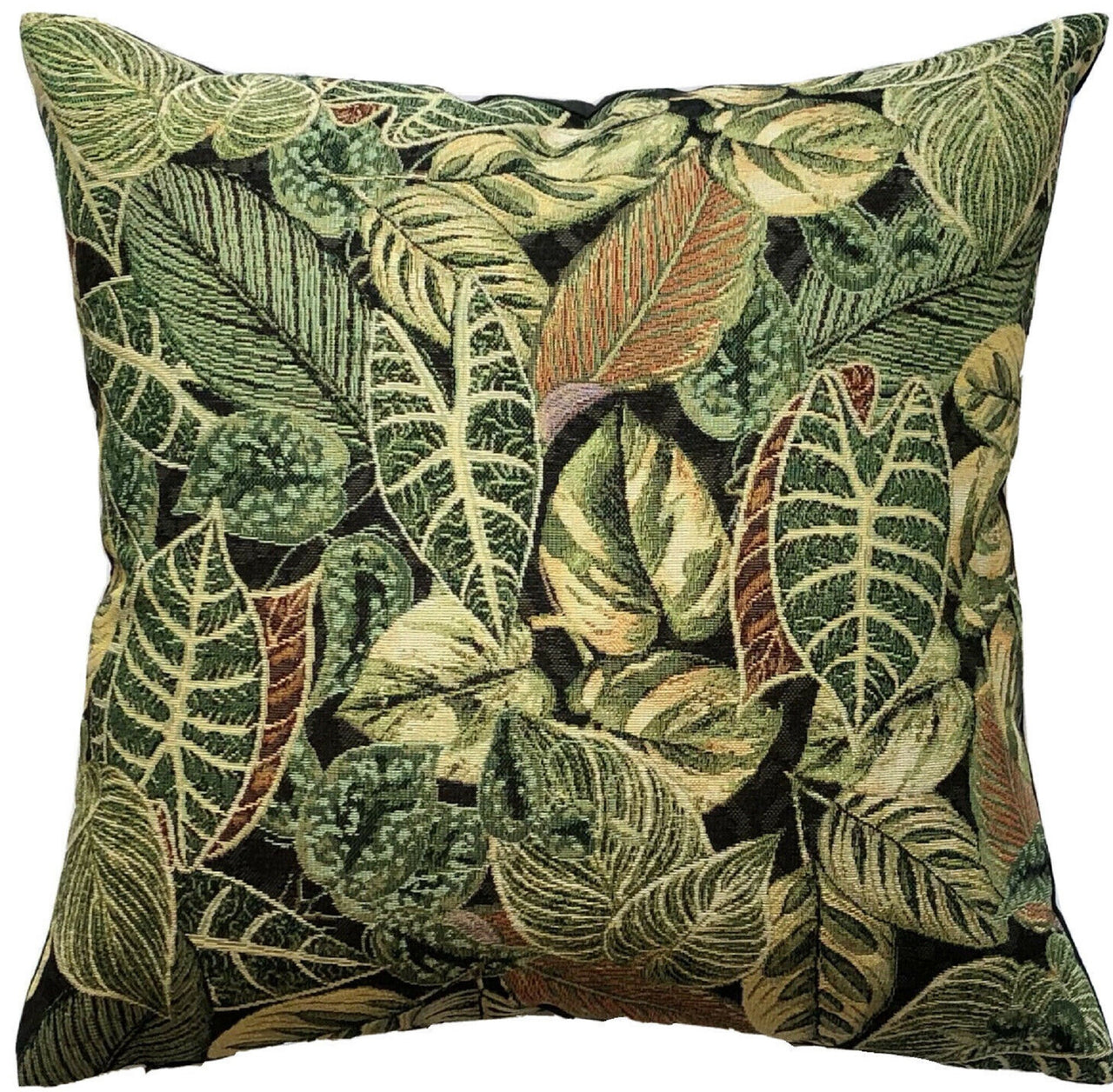 Tropical foliage woven cushion cover with aloe and fiscus leaves in green, mustard and brown tones