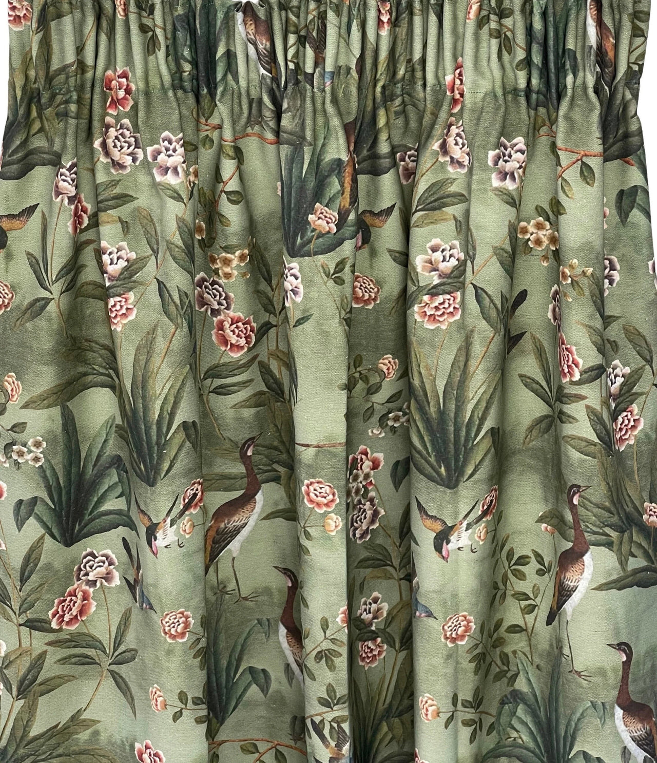 Green fabric with floral and bird pattern