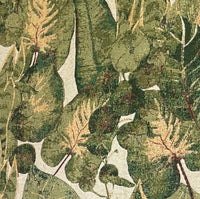 Thumbnail for Close-up of Evergreen calathea and ficus leaf pattern on tropical woven tapestry fabric in green and beige tones