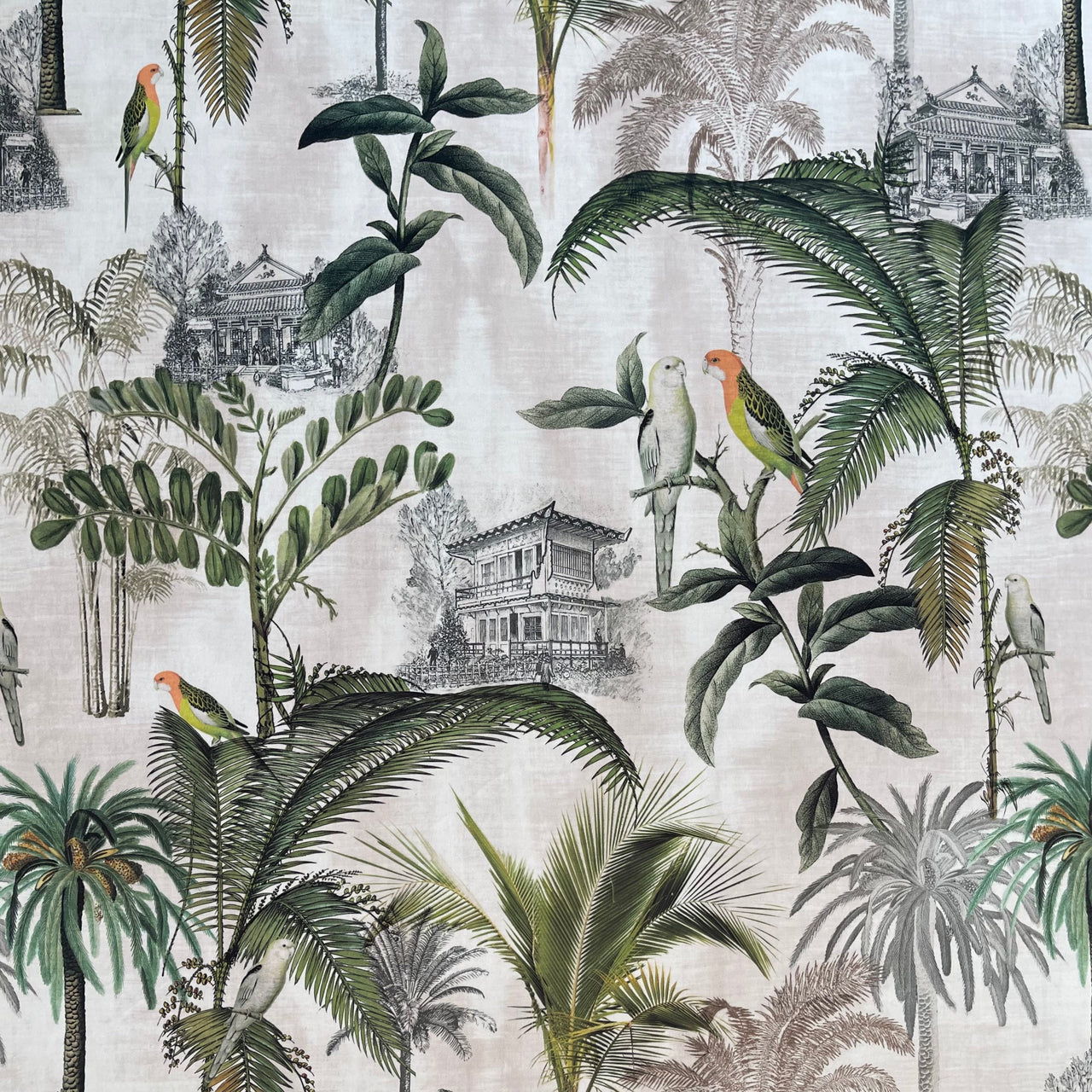Parrots and pagodas decorative velvet material