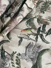 Thumbnail for Decorative upholstery fabric with vintage buildings and tropical birds