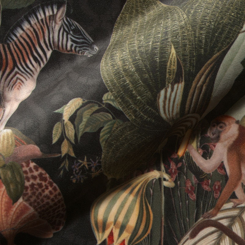 Nature print black fabric with exotic animals