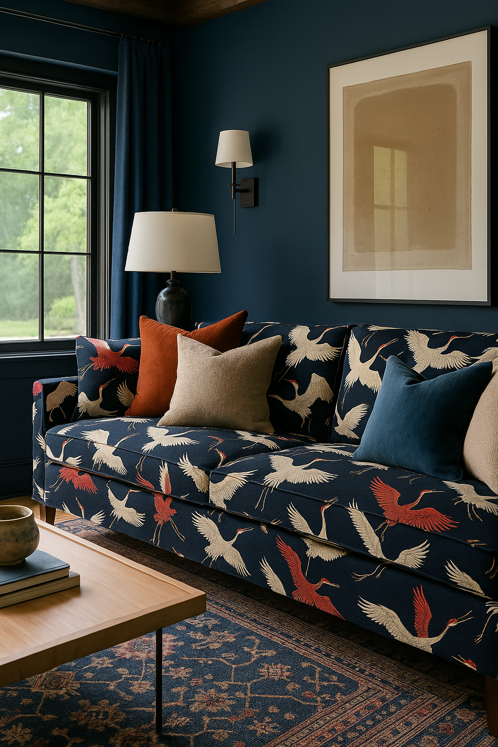 Modern navy sofa upholstered with Japanese-inspired flying crane fabric.