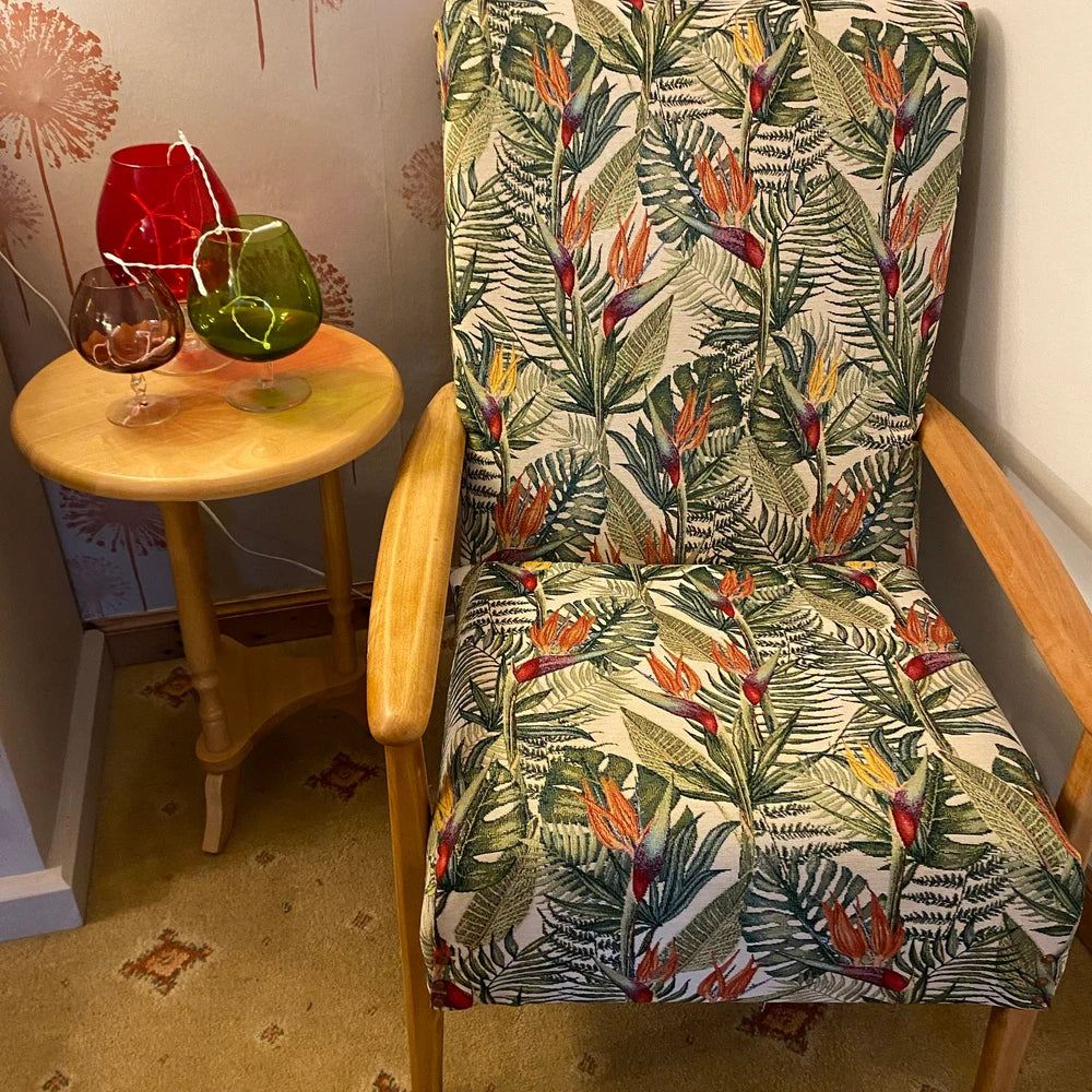 Botanical-themed armchair in cozy living room