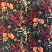 Thumbnail for Colorful tropical plant pattern with red, orange, and green leaves on a dark background