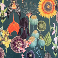 Thumbnail for Close-up of printed velvet fabric showing vivid botanical elements including orchids, poppy pods, lotus seed heads, and sunflowers on a rich green background.

