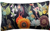 Thumbnail for Botanical rectangular cushion cover featuring sunflowers, orchids, lotus pods, and poppy flowers in bright tones over a deep black velvet background.


