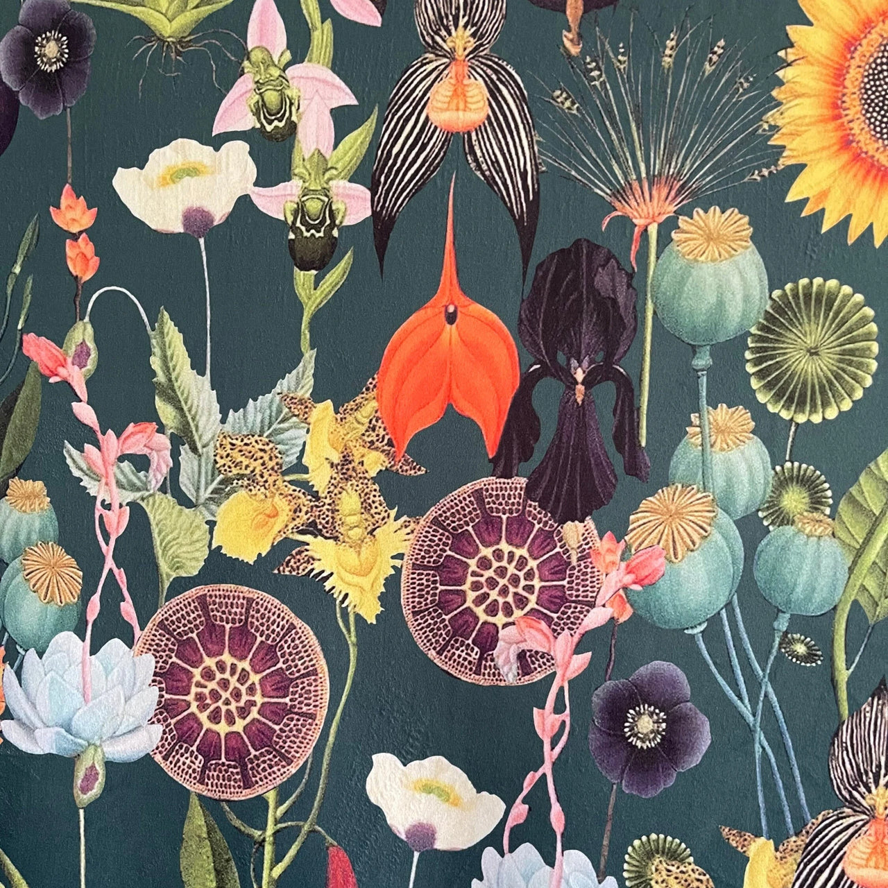 Colorful floral pattern with various flowers and leaves on a dark background