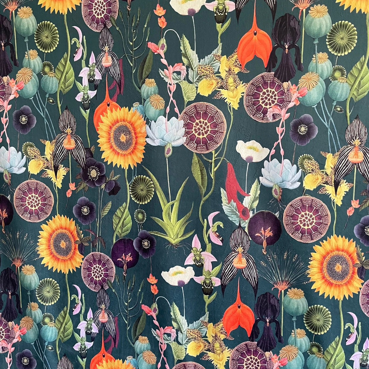 Colorful floral pattern with various flowers on a dark background