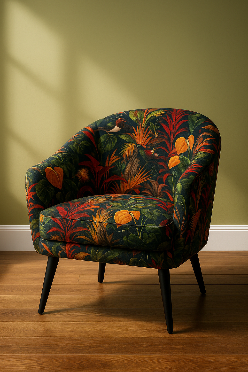Deep Jungle botanical velvet accent chair in tropical print

