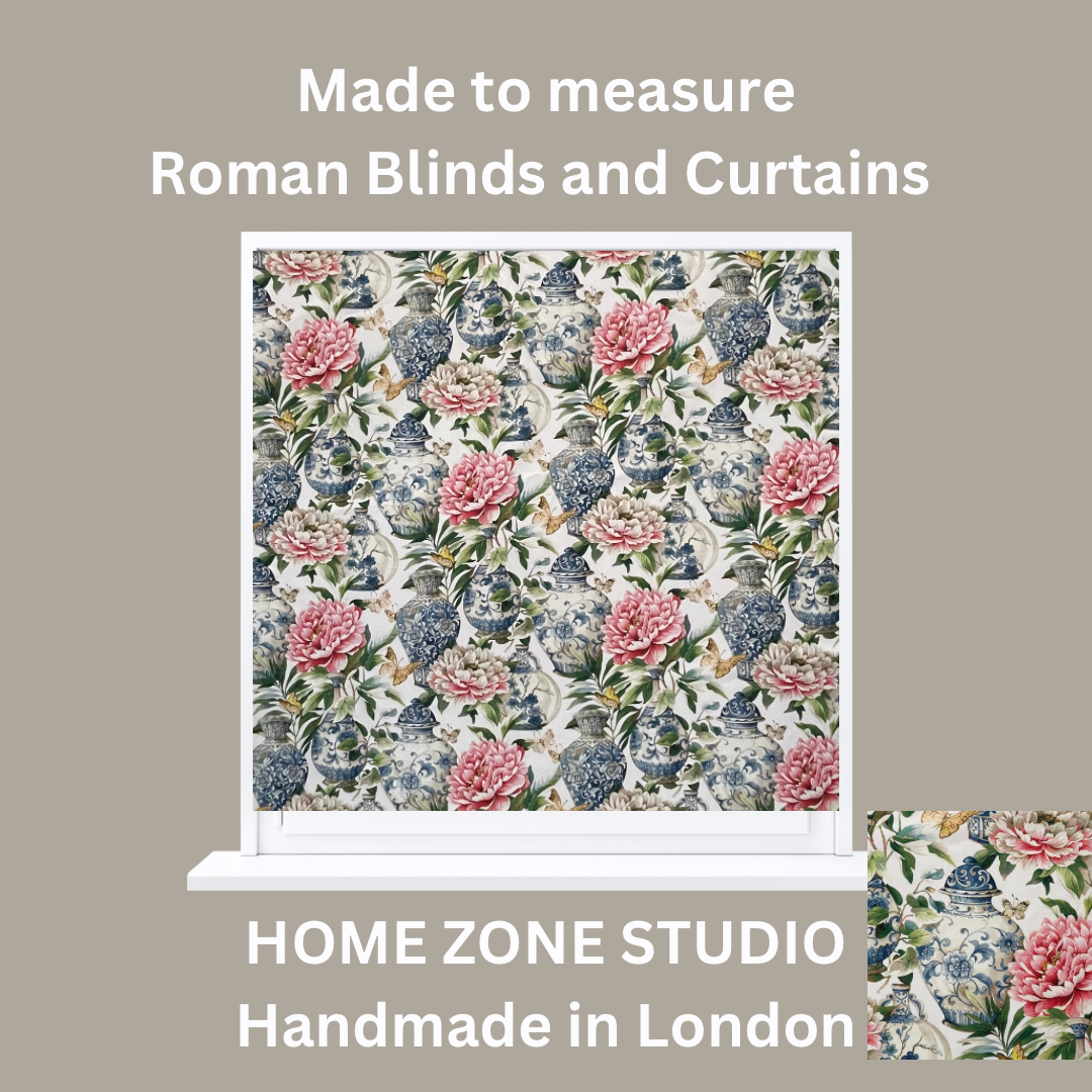 White Jardin Cotton Fabric - Botanical Floral Print with Ming Vases & Pink Damask Peony Roses for Home Decor