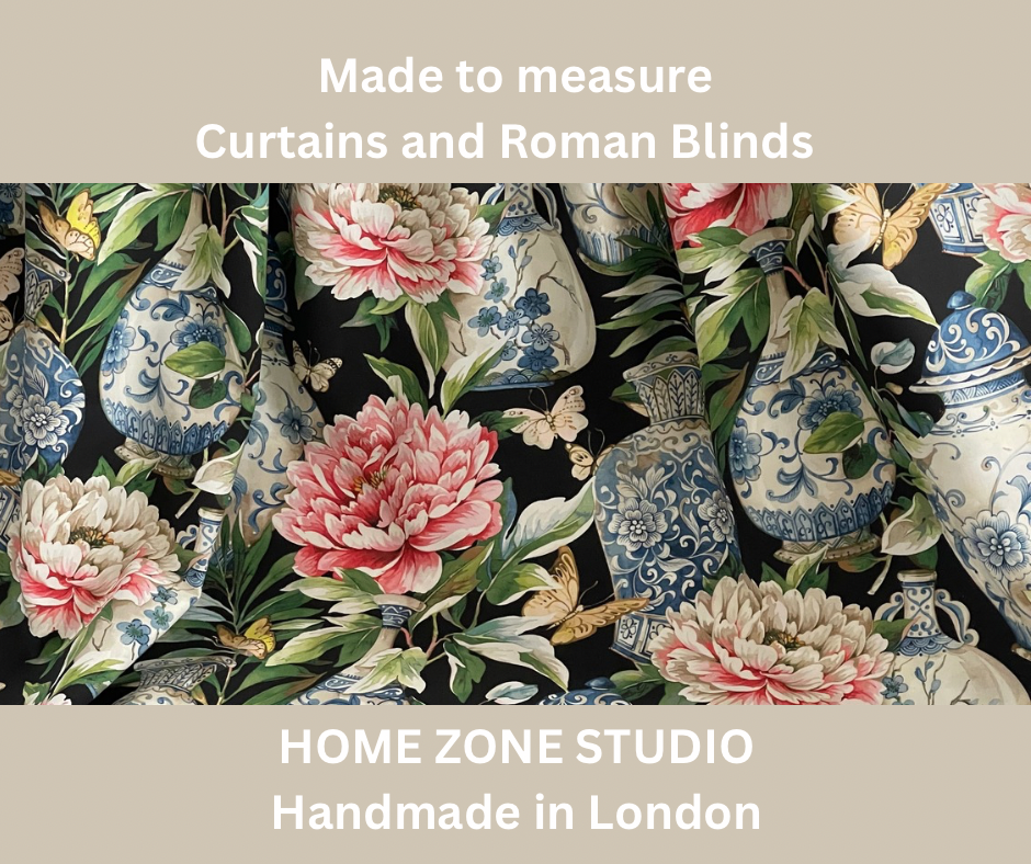 Black Jardin Cotton Fabric - Botanical Floral Print with Ming Vases & Pink Damask Peony Roses for Home Decor