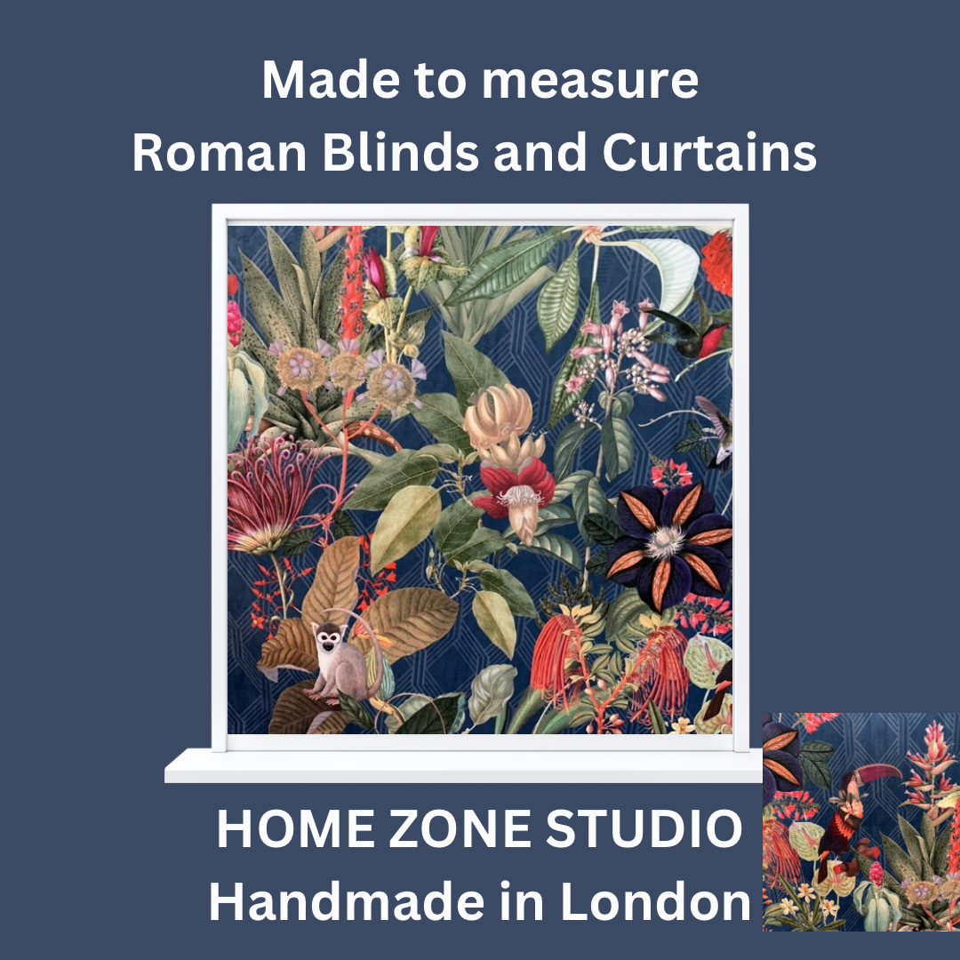 Custom Roman Blinds Blue Cotton with Botanica and Animal Print - Made to Measure to Fit Your Space Bespoke Window Dressing