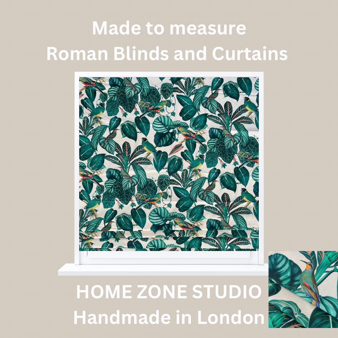 Grey Pair Curtains / Calathea Plants and Parrots Birds - Botanical Cotton Fabric / Custom - Made to Measure - Unique Home Decor