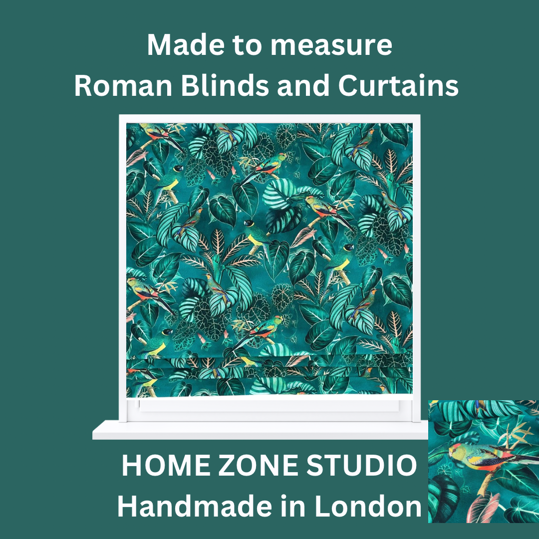 Green Pair Curtains / Calathea Plants and Parrots Birds - Botanical Cotton Fabric / Custom - Made to Measure - Bespoke Home Decor