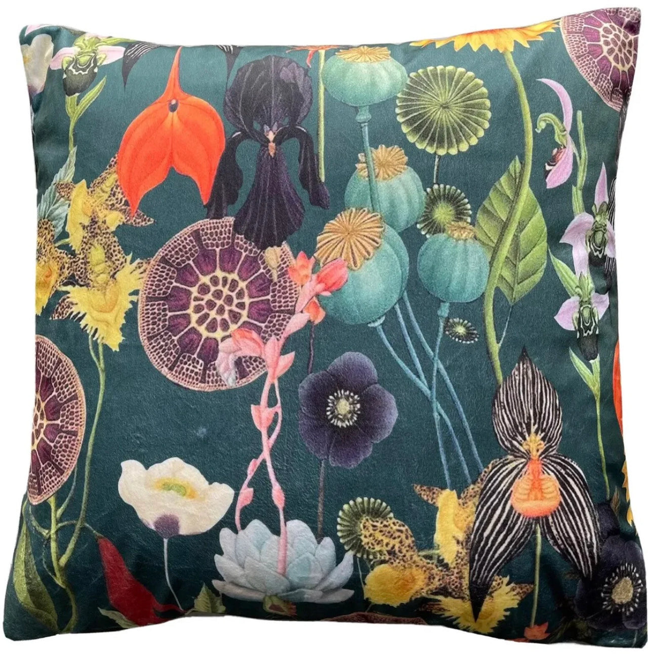 Colorful velvet cushion with flowers and seed pods