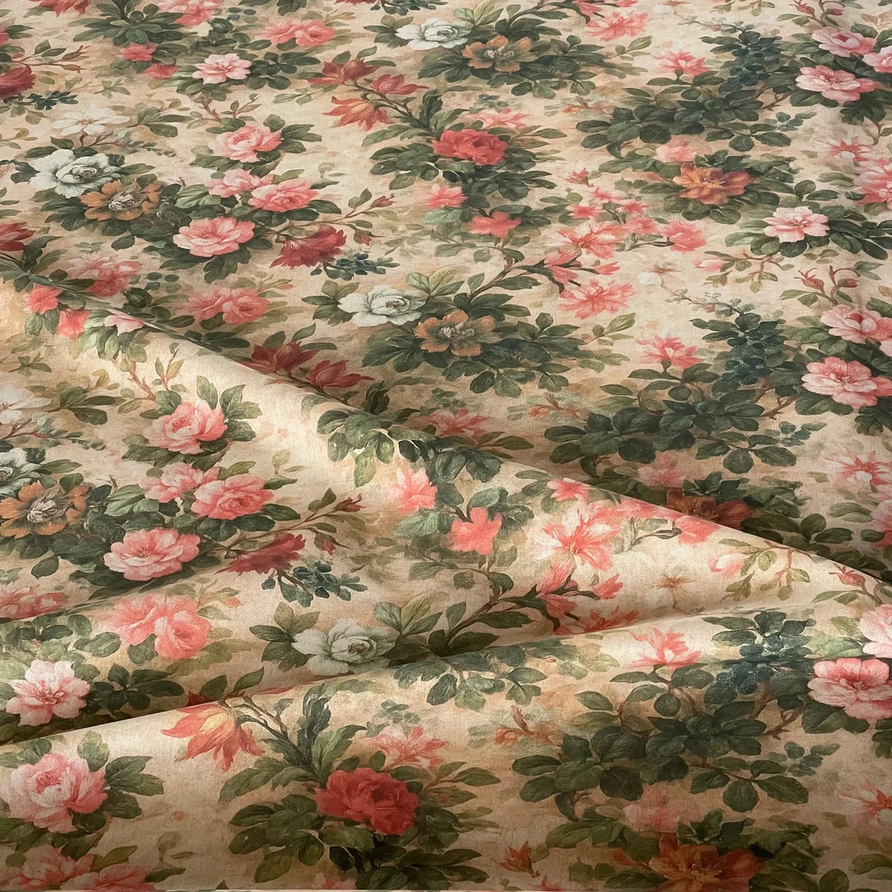 Vintage rose garden floral cotton fabric with linen-look texture