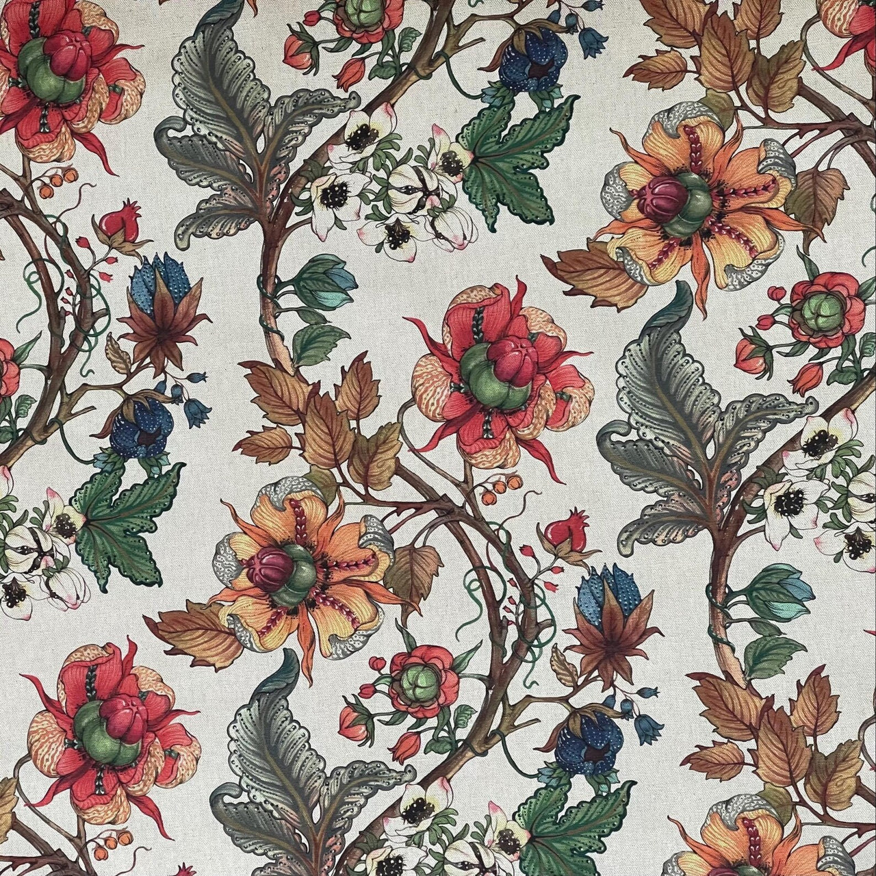 Linen-look cotton floral fabric for curtains and blinds