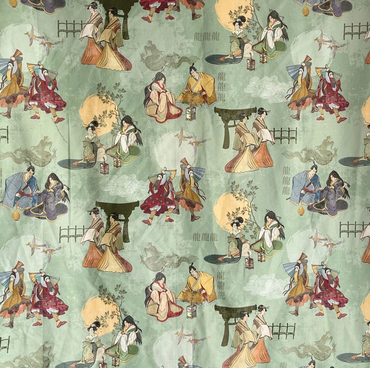 Traditional Japanese scene pattern on a green background