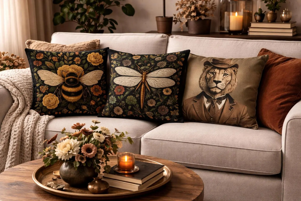 Dark botanical throw pillow with golden bee design