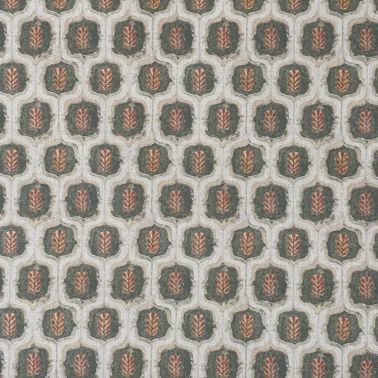 Leaf medallion pattern textile in cotton linen look finish.
