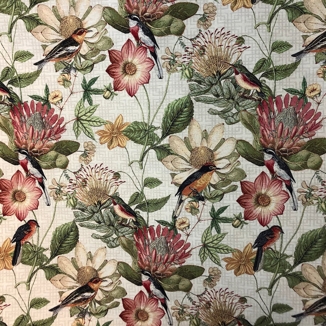 Apricot and red floral tapestry fabric with birds.