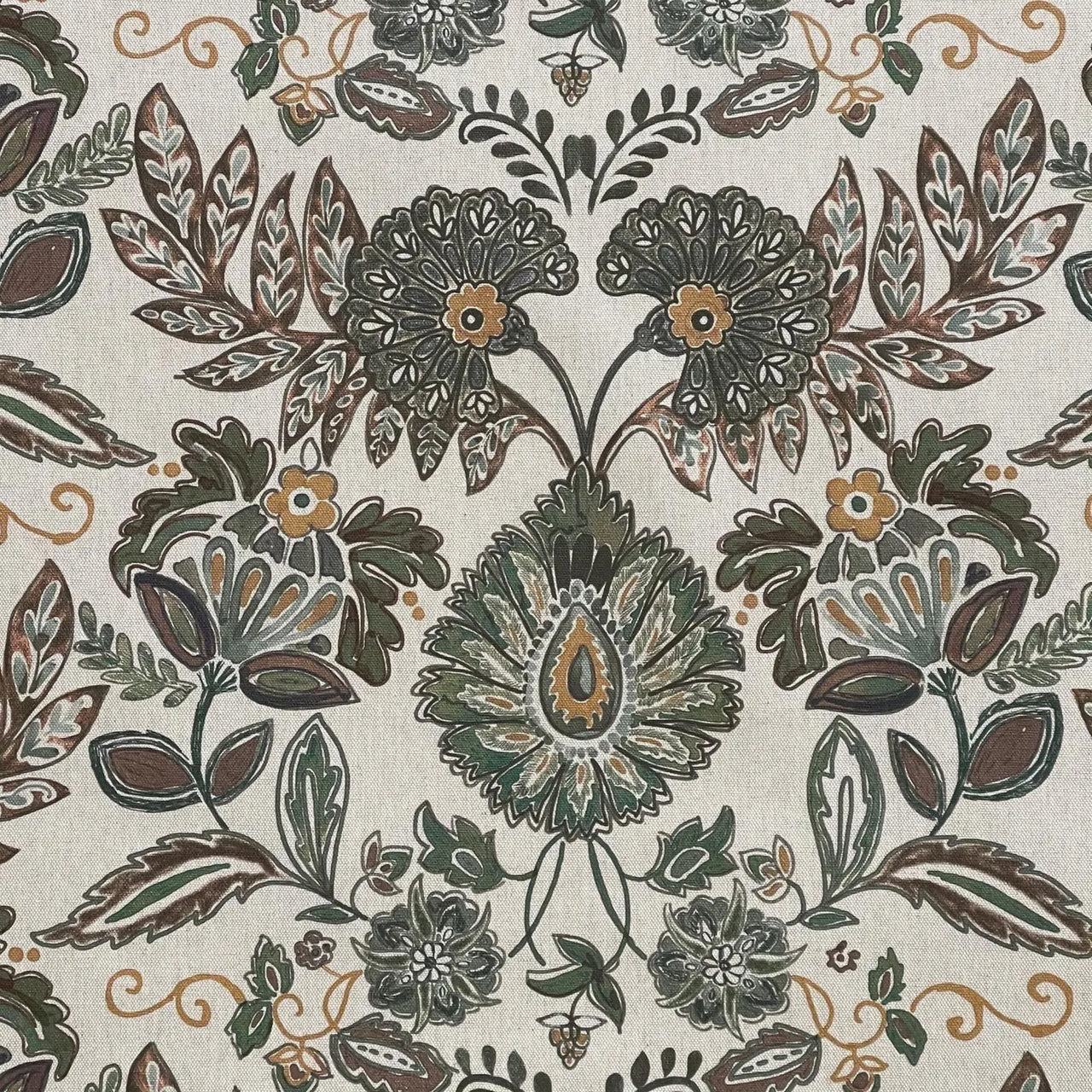 Traditional floral fabric with detailed hand drawn botanical elements