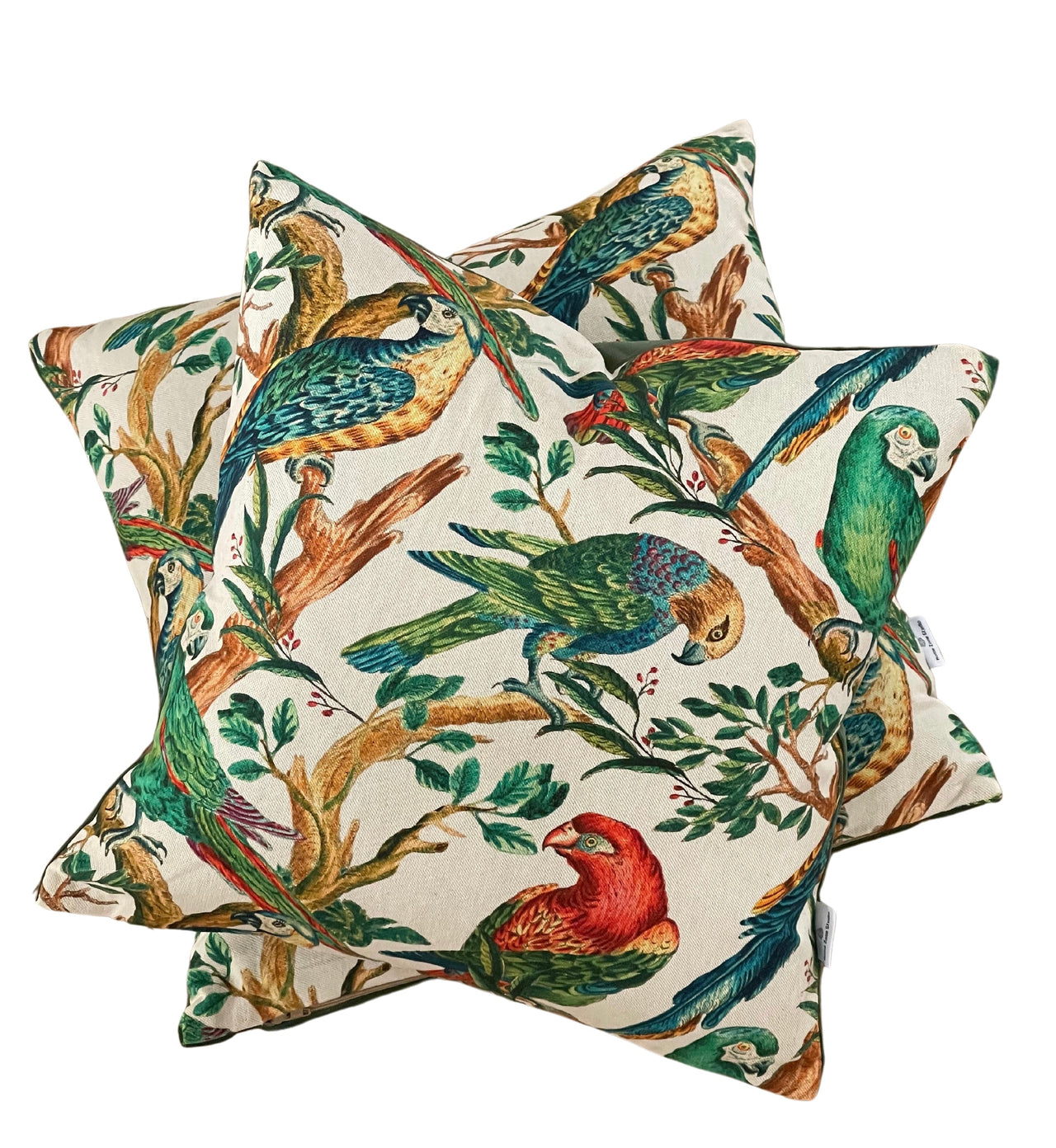 Parrots on branches decorative pillow design.