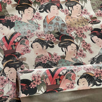 Thumbnail for Vintage ukiyo-e style geisha design on natural cotton cloth with floral motifs.