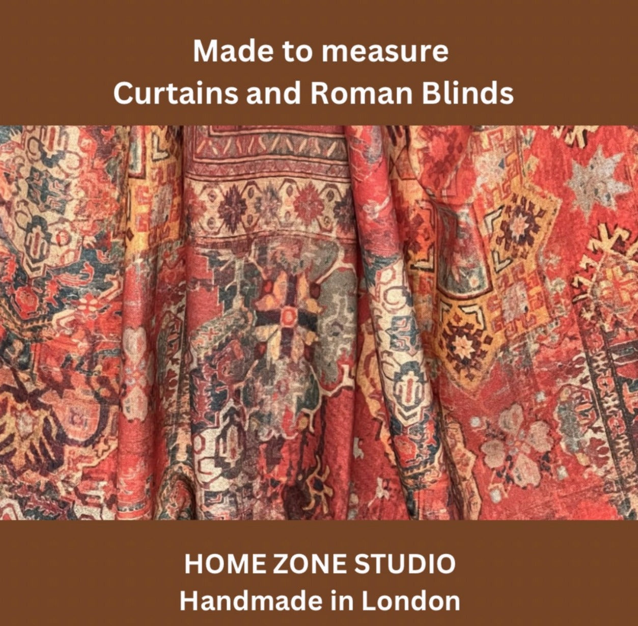 Detailed ethnic rug print fabric for blinds.