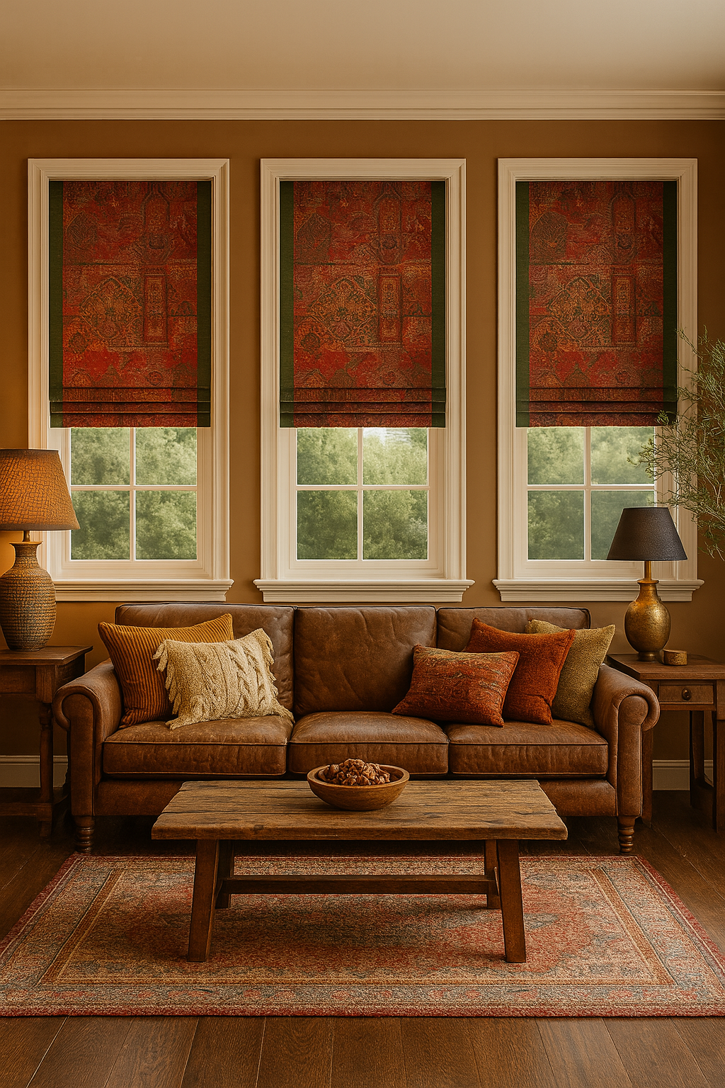 Bohemian living room with kilim Roman blinds.

