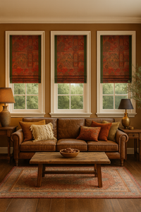 Thumbnail for Bohemian living room with kilim Roman blinds.

