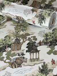 Thumbnail for Roll of fabric with a scenic design featuring pagodas, trees, and people.