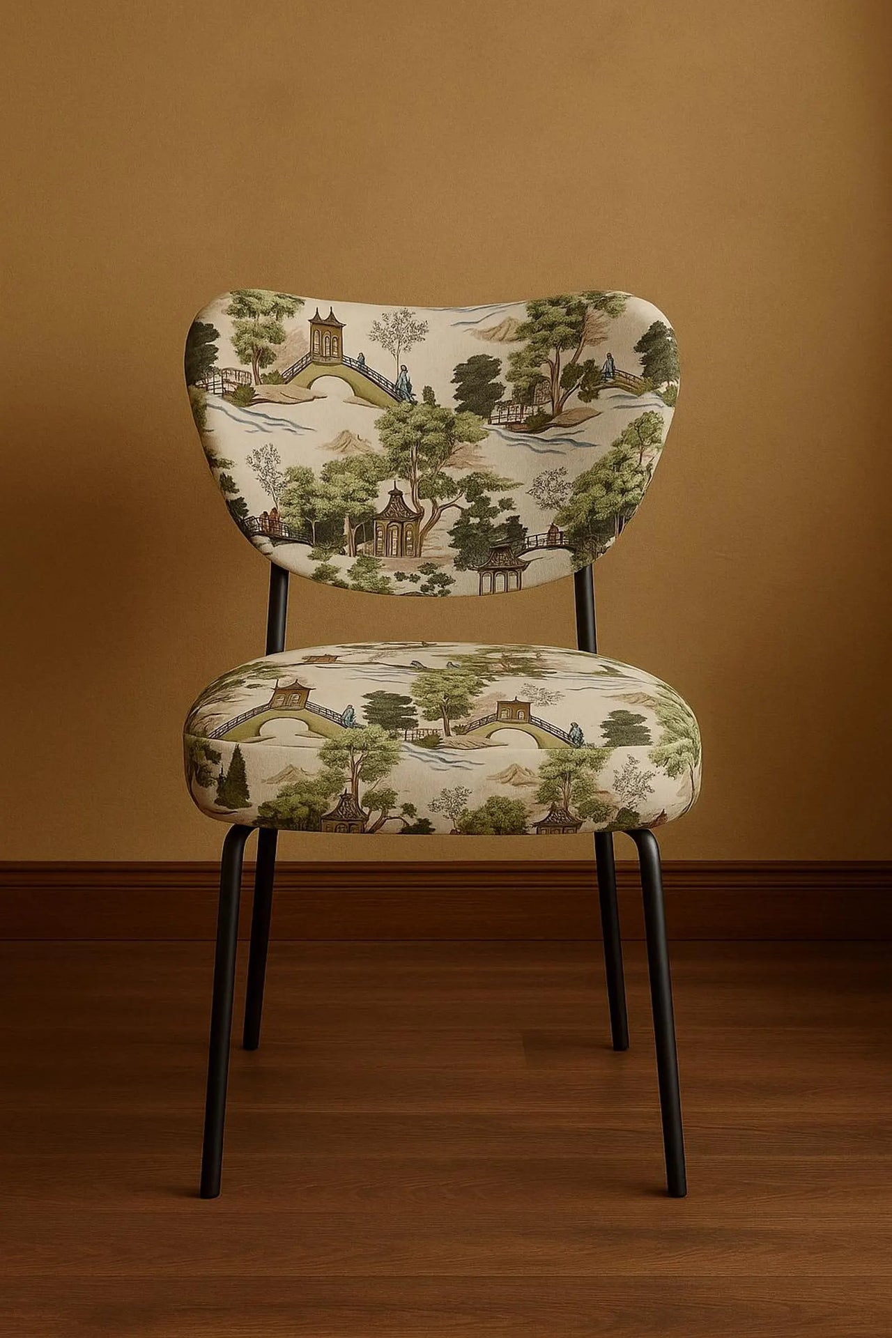 Asian pagoda print chinoiserie fabric in white