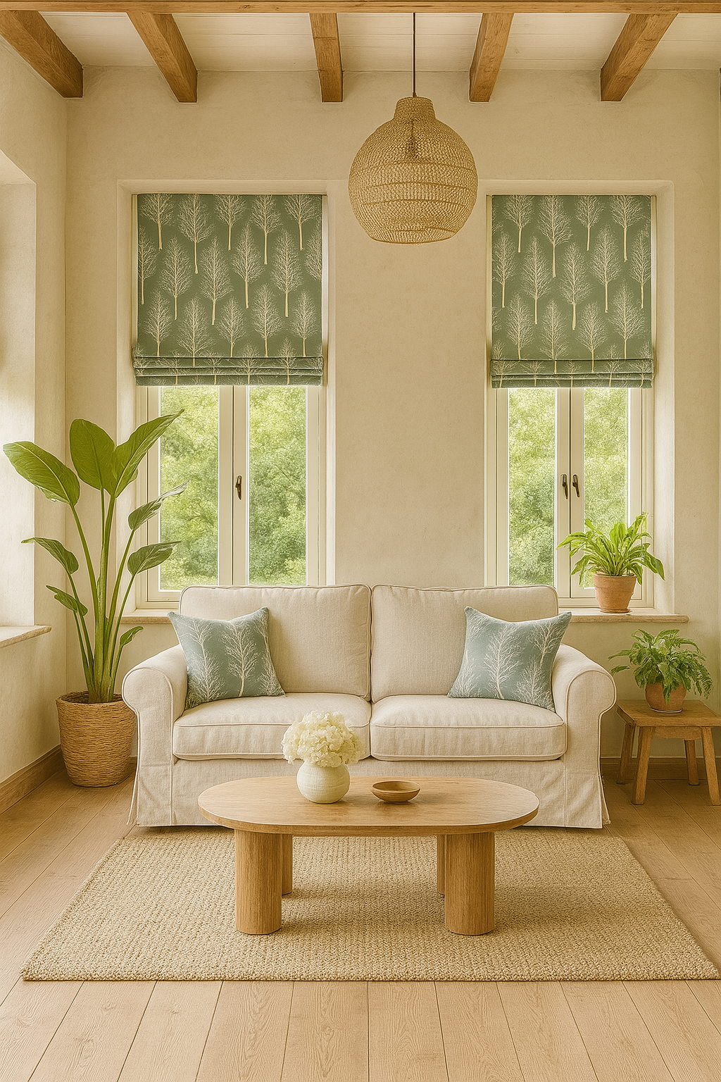 Scandinavian living room with forest tree Roman blinds