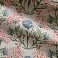 Thumbnail for Floral cotton linen fabric with blue, blush pink, and sage green botanical motifs on natural background