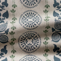 Thumbnail for Navy blue botanical medallion fabric with green detailing on natural linen look background