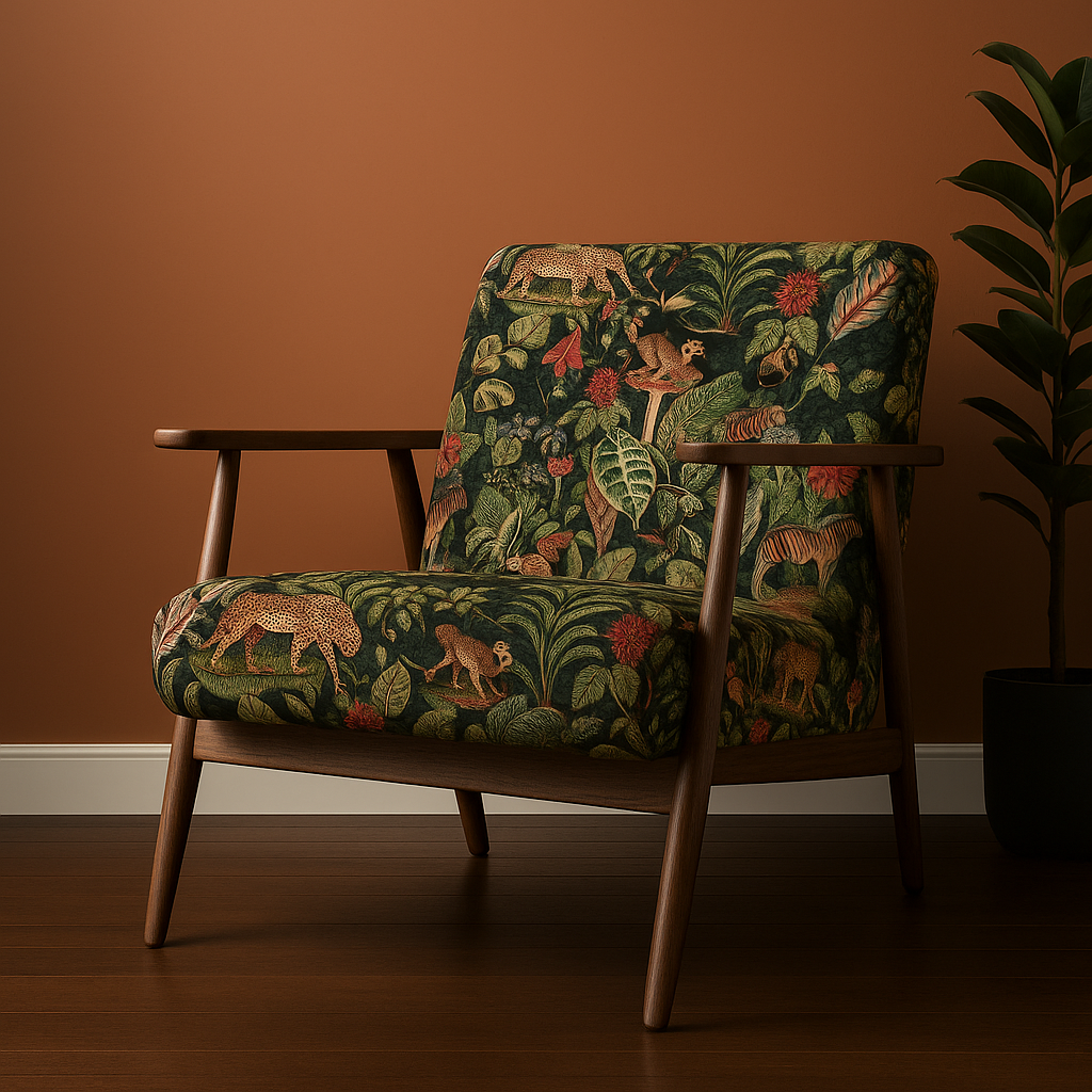 Mid-century modern armchair with jungle animal print fabric.

