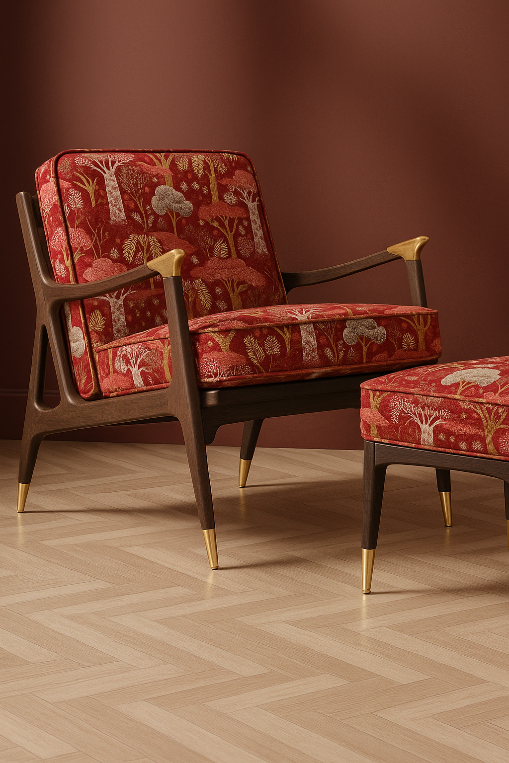 Mid-century modern armchair with Baobab Tree of Life red velvet fabric.

