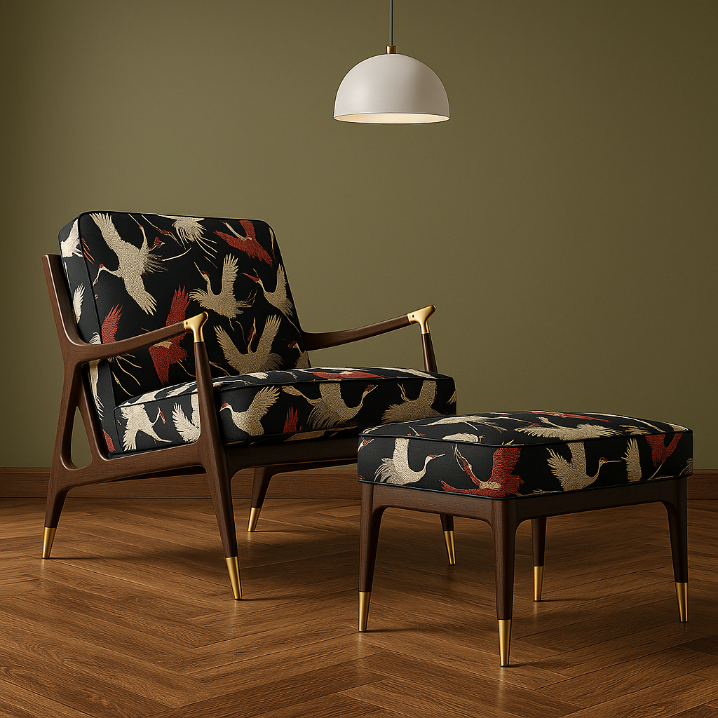 Black woven crane pattern fabric on mid-century wooden chair.