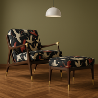 Thumbnail for Black woven crane pattern fabric on mid-century wooden chair.