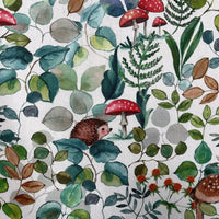 Thumbnail for Nature-inspired fabric showing deer, hedgehogs, mushrooms, and leaves – perfect for kids’ rooms, cushions, and curtains.