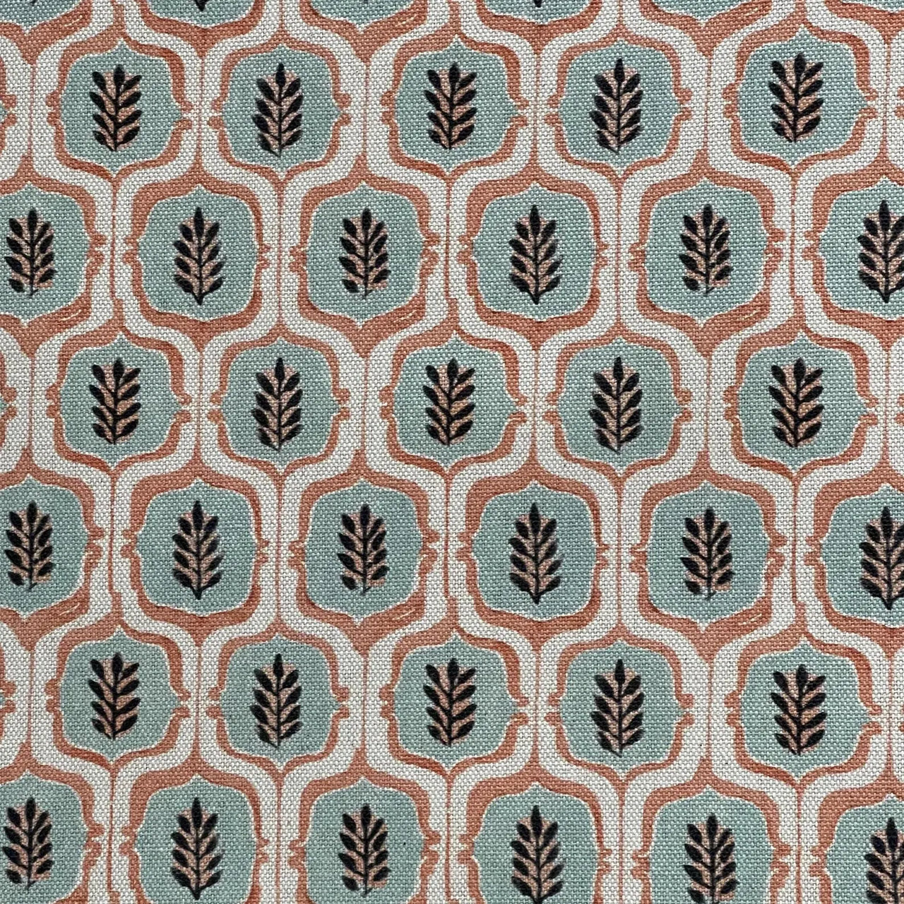 Vintage-style leaf trellis pattern in teal and rust tones.