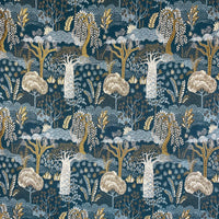 Thumbnail for Patterned fabric with trees and foliage on a blue background