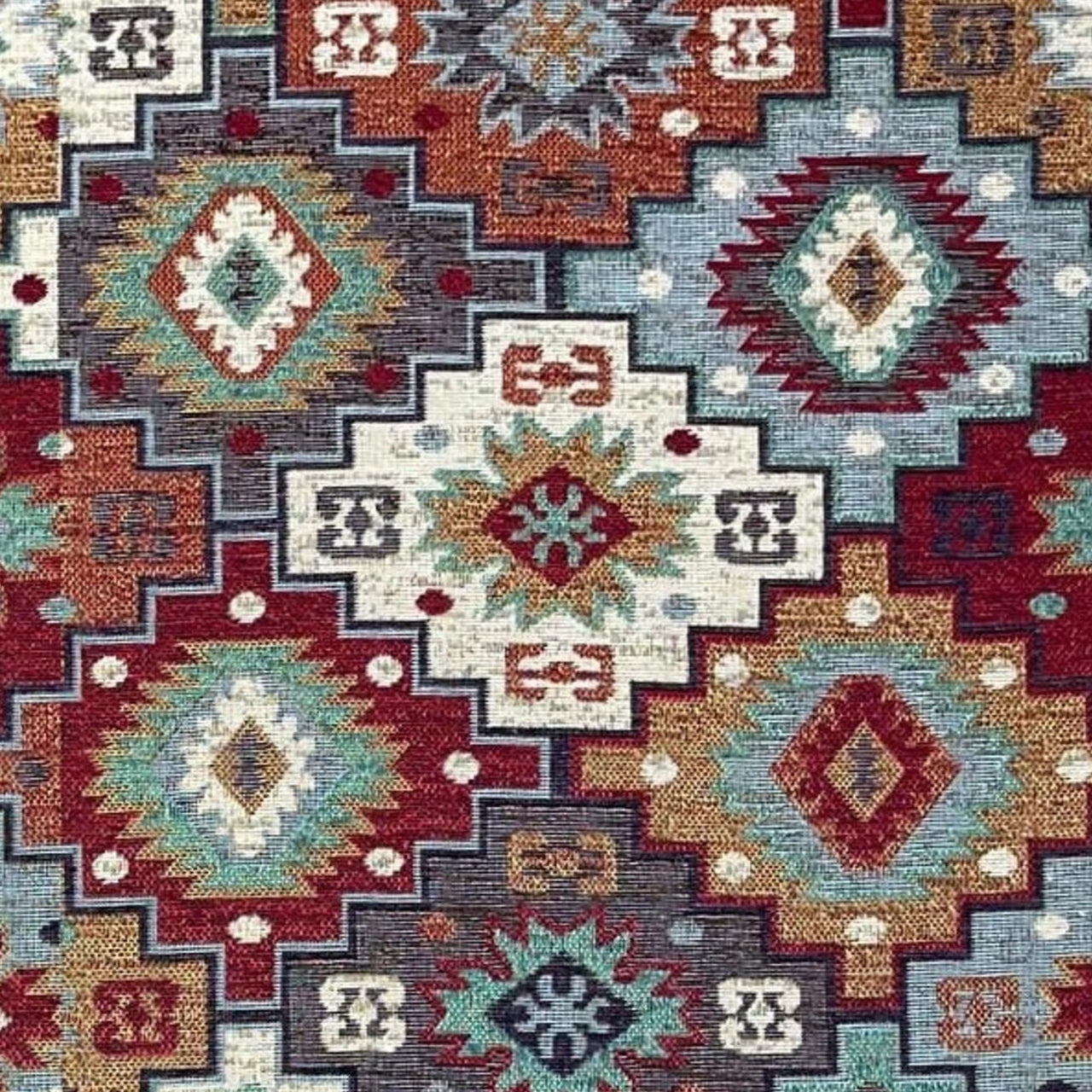 Kilim fabric in terracotta red and blue tones